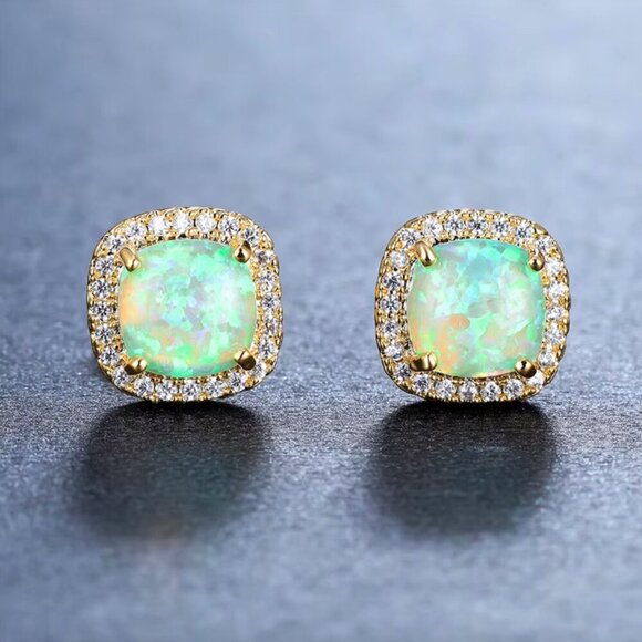 NEW 18k Gold Green Opal Diamond Earrings Cushion Cut Stud Earrings - Picture 2 of 4